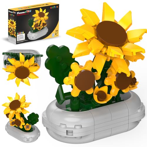 PicassoTiles 130pc STEM Sunflower Building Brick Block Set with Vase Flower Craft Toy for Kids Ages 3+ Educational Learning and Creative Activity Construction Room Decor Gift for Boys and Girls PBS22