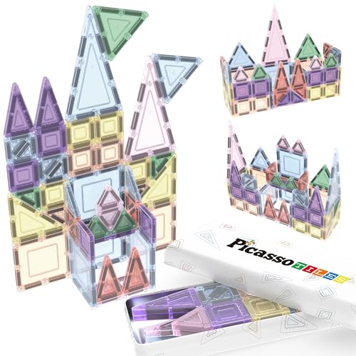 PicassoTiles 50PC Magnetic Tiles Travel Set Nano + Original Size Construction Building Block 2-in-1 Tile Collection with Tin Box Storage Case Montessori STEM Activity Learning Kit Kids Ages 3+ PN12