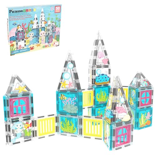 PicassoTiles 50 Piece Magnetic Tiles Mermaid Theme Magnet Building Blocks Toddler Toy Educational STEM Learning Kit Construction Set Pretend Play Preschool Kid Game Toddler Girl Boy Ages 3 & Up PTQ34