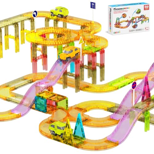 PicassoTiles 60pc Magnetic Tile Race Car Track Set STEM Construction Road Kit Building Blocks for Kids Toddlers Age 3 Plus Educational Travel Toy Sensory Preschool Learning for Boys and Girls PTMR60