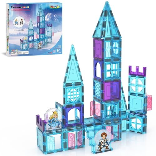 PicassoTiles 70pc Magnetic Tiles Winter Ice Castle Construction Magnet Tile Block Set with Princess Prince Characters Stair Case Windows Doors Pretend Play STEM Educational Toys Toddlers Ages 3+ PT721
