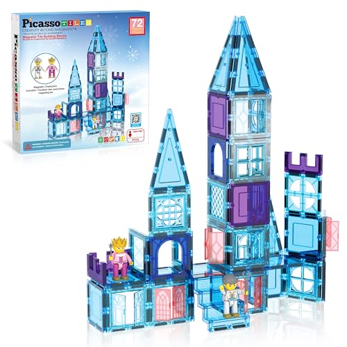 PicassoTiles 72 Piece Magnetic Building Tiles Castle Winter Ice Theme Construction Magnet Block Set with Princess Prince Character Stairs Windows Doors STEM Learning Educational Toy Kids Ages 3+ PT72