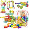 PicassoTiles 76PC STEM Pipe Building Interlocking Tube Construction Toy with Wheels and Storage Backpack Creative Educational Brain Development Learning Blocks for Kids Ages 3+ Boys and Girls PTT138