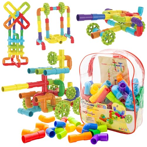 PicassoTiles 76PC STEM Pipe Building Interlocking Tube Construction Toy with Wheels and Storage Backpack Creative Educational Brain Development Learning Blocks for Kids Ages 3+ Boys and Girls PTT138