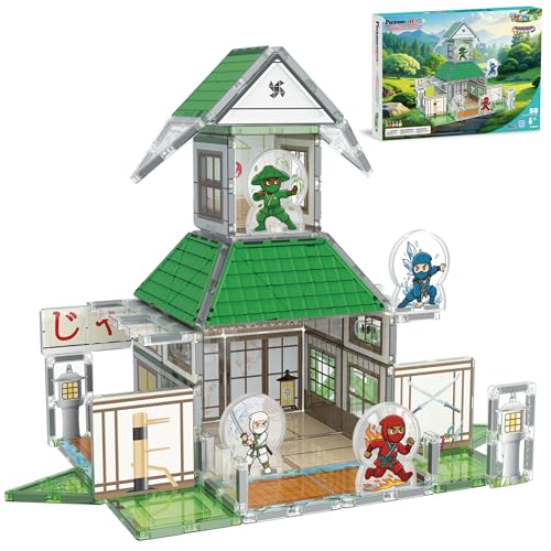 PicassoTiles Magnetic Tile Ninja Dojo Theme Set Two Sided Printed Designs Interior Exterior 3D Magnet Tiles 4 Character Ninjas STEM Education Learning Kit Building Blocks Toys Kids Ages 3 4 6 7 PTQ107