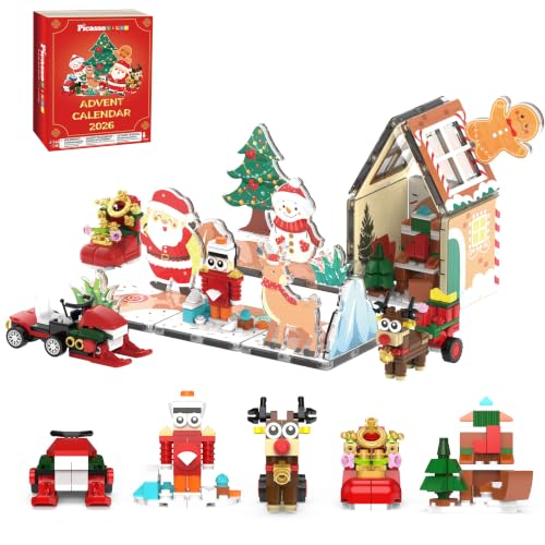 PicassoTiles Magnetic Tiles Building Brick Block Advent Calendar Christmas Theme Set Gingerbread House Holiday Toy Piece Surprise Countdown Magnet Tile STEM Learning Educational Gift for Kids PTA50