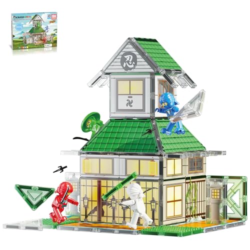 PicassoTiles Magnet Tile Building Blocks Ninja Dojo House Theme STEM Playset with 4 Character Action Figure Ninjas Weapon Accessories Magnetic Tiles Educational Toy Pretend Play Toddlers Ages 3+ PTQ07