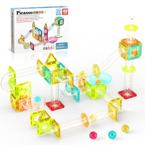 PicassoTiles Magnet Tiles Building Block Travel Size Magnetic Marble Run Construction Toy Set Mini Diamond Marble Racetrack Building Blocks Playset Education STEM Learning Kit Boy Girl 3+ PTMG45