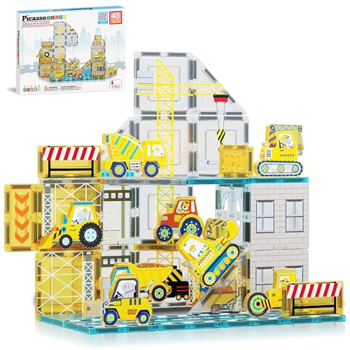 PicassoTiles Magnet Tiles Magnetic Building Blocks with 8 Construction Vehicles Crank Truck Excavator Bulldozer Road Roller Concrete Mixer Tractor Dump Truck Forklift Toys Learning Kids Ages 3+ PTQ11