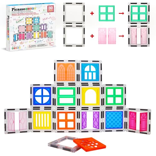 PicassoTiles Window and Door Clip On Magnetic Blocks Magnet Tiles Magnets Building Tile Construction Toy Set STEM Education Toys Learning Kit Stacking Block Playset Boys & Girls Age 3+ PT30