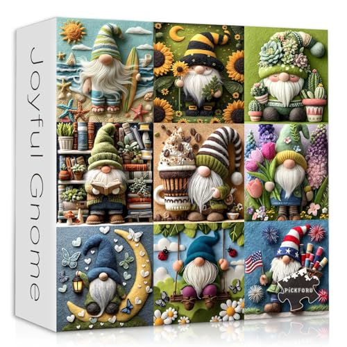 PICKFORU Funny Gnome Puzzles for Adults 1000 Pieces,Cute Gnome Puzzle Features Flower Sunflower Cactus Succulents Book Beach, Colorful Collage Challenge Jigsaw Puzzle Wool Felt Style