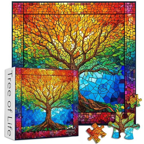 PICKFORU Stained Glass Puzzles for Adults 1000 Pieces and up, Mosaic Tree of Life Puzzle Unique Rainbow Puzzles, Colorful Difficult Jigsaw Puzzles for Adults