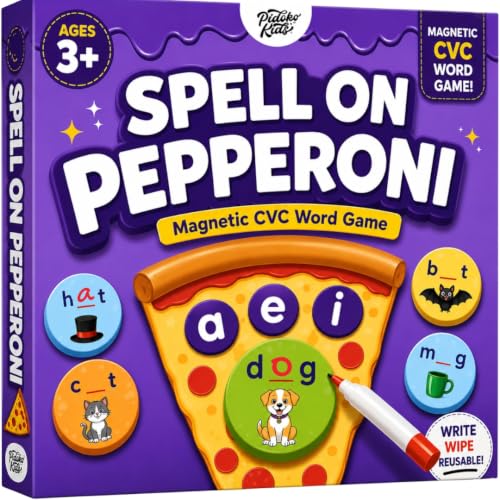 Pidoko Kids Phonics CVC Word Game - Magnetic Write & Wipe Vowels - Spelleroni Pepperoni Preschool & Kindergarten, Homeschool, Speech Therapy for Ages 3+