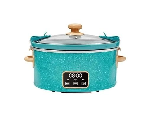 Piioneer Womans-6-Quart Digital Slow Cooker with Locking Lid, Programmable Electric Crock Pot with Timer and Multiple Heat Settings, Family Size Kitchen Cooking Appliance, Teal Speckle