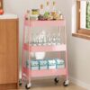Pink 3-Tier Metal Rolling Utility Storage Cart, Heavy Duty Mesh Organizer with Lockable 360° Swivel Wheels for Kitchen Bathroom Office Garage