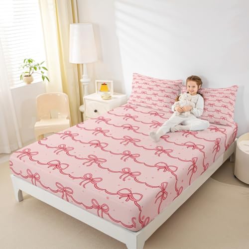 Pink Bowknots Fitted Sheet Twin 2 Pcs,Kawaii Bow-tie Bedding Set for Kids Boys Teens,Princess Fairy Tale Theme Bed Sheets (No Top Sheet),Girlish Pink Deep Pocket Sheet,1 Pillowcase