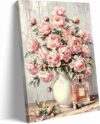 Pink Floral Canvas Wall Art,Peony flower plant painting Decor Picture Perfume Botanical Posters Prints for Living Room Bedroom office bathroom Decoration 12x16 inch Framed