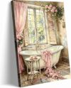 Pink Flowers Bathroom Canvas Wall Art Floral Plants Poster Print Artwork Vintage Bathtub Painting Picture Wall Decor for Bedroom Living Room Bathroom Girls Room Home Decoration12x16inch Framed