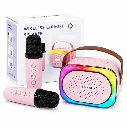 Pink Mini Karaoke Machine for Kids Adults with 2 Wireless Microphones 2026 Upgrade, Portable Bluetooth Speaker, Vocal Cancel, Reverb, RGB Lights | Portable Birthday Gift for Girls Boys 4-12 Years Old