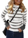 Pink Queen Women Striped Knit Sweater Fashion Pullover Top 2026 Fall Winter Turtleneck Fall Clothes White L