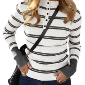 Pink Queen Women Striped Knit Sweater Fashion Pullover Top 2026 Fall Winter Turtleneck Fall Clothes White L