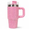 Pink Rhinestone Tumbler with Handle and Straw Lid, 40oz Stainless Steel Insulated Travel Mug with Rotating Straw Cover, Reusable Leak Resistant Large Capacity Cup for Water Iced Drinks Home Office