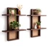 Pinkunn Rattan Wall Shelf Set of 2 Boho Floating Shelves Dark Walnut Wood Wicker Hanging Shelf Handmade Rustic Display Holder for Plants Living Room Bathroom Bedroom Entryway 15.7 x 7 Inch