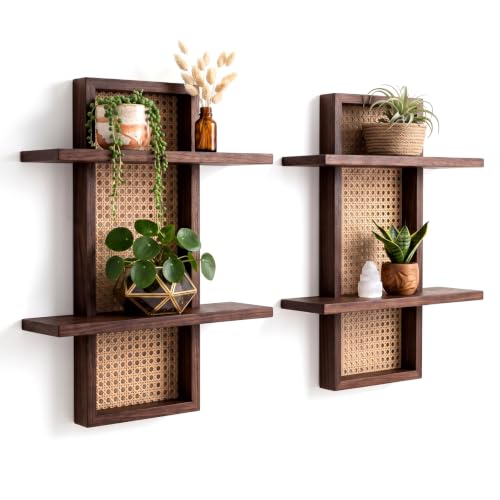 Pinkunn Rattan Wall Shelf Set of 2 Boho Floating Shelves Dark Walnut Wood Wicker Hanging Shelf Handmade Rustic Display Holder for Plants Living Room Bathroom Bedroom Entryway 15.7 x 7 Inch