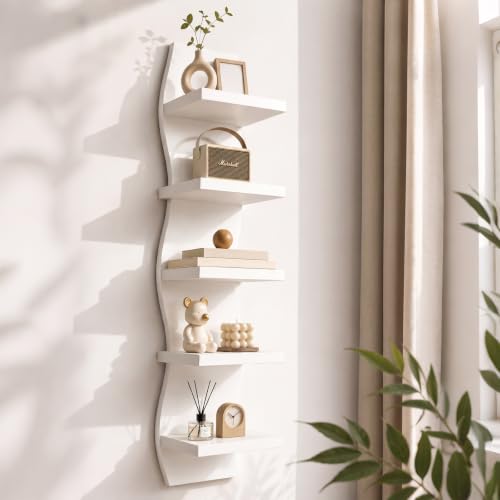 Pinkunn Scalloped 5 Tier Wall Shelf Unit, Wavy Shape Vertical Column Tower Shelf, Modern Decorative Wall Mount Floating Shelves Storage Organizer for Small Spaces Bedroom Living Room Bathroom (White)