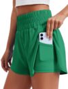 PINSPARK Double Layer Running Shorts for Women High-Rise Athletic Short Flowy High Split Quick Dry Workout Activewear with Liner and 2 Pockets, Kelly Green X-Large