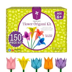 Pinwheel Crafts Flower Origami Kit for Kids Ages 8-12 | 150 Pcs Origami Paper Kit w/Multicolor Folding Papers, Chenille Stems,Buttons and Jewels, Arts and Crafts Paper Book for Kids Ages 6+