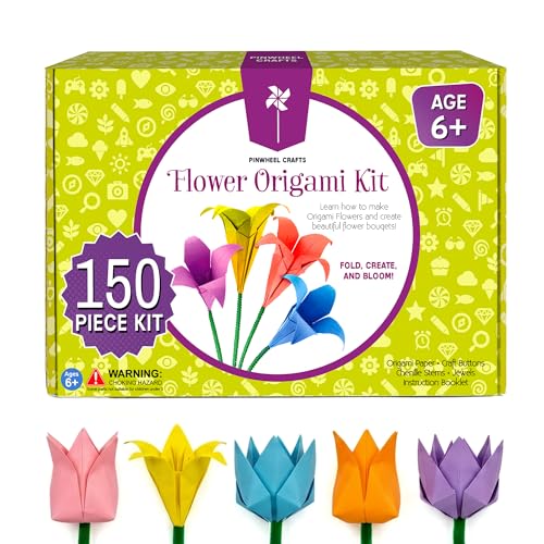 Pinwheel Crafts Flower Origami Kit for Kids Ages 8-12 | 150 Pcs Origami Paper Kit w/Multicolor Folding Papers, Chenille Stems,Buttons and Jewels, Arts and Crafts Paper Book for Kids Ages 6+