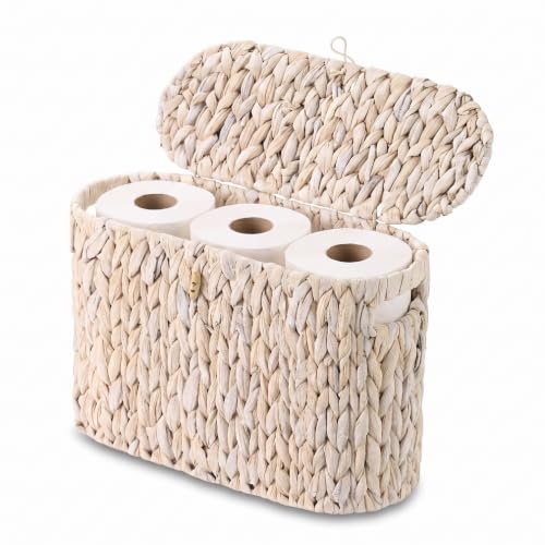PINXIURY Water Hyacinth Toilet Paper Storage Basket, Bathroom Toilet Organizer with Lid, Woven Toilet Paper Holder for 6 Mega Rolls Bathroom Storage, Magazine Holder for Office, Bedroom Whitewash