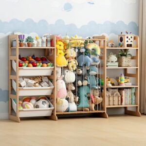 Pipleo 3-in-1 Toy Storage Organizer with Stuffed Animal Storage, 5 Solid Pine Kids Bookshelf and Toy Shelf, 3 Removable Bins, Anti-Dumping Design, Stuffed Animal Zoo for Kids Room, Playroom, Nursery