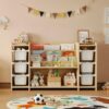 Pipleo Kids Toy Storage Organizer and Montessori Bookshelf with 6 Toy Bins, Wooden Toy Storage Cabinet with 3-Tier Book Shelf, Toy Organizers and Storage for Books, Toys, Classroom, Playroom, Nursery