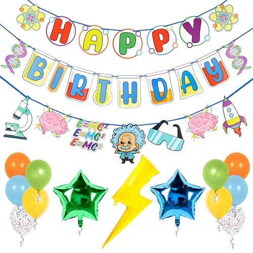 Pirese Science Birthday Party Decorations – Pre-Strung Happy Birthday Banner Kit with Balloons & Lab Decor – Science Banner, Mad Scientist Decorations, Science Theme Decor, Party Supplies Kids & Adults