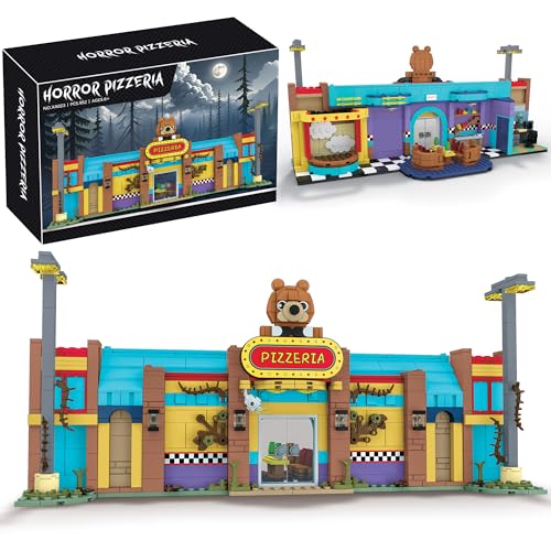 Pirolaxent Pizzeria Building Blocks Toys, Classic Horror Architecture Merch Halloween Bricks Kit Creative Gifts Birthday Present for Teens or Adults, Collectible Present for Fans