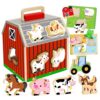 PithCogent 1Set Farm Toys for Toddlers 1-3 Wood Shape Sorter Barn Animals for Toddlers 1-3 with Flip-Up Roof and Handle Learning Farm Toys for and Kids