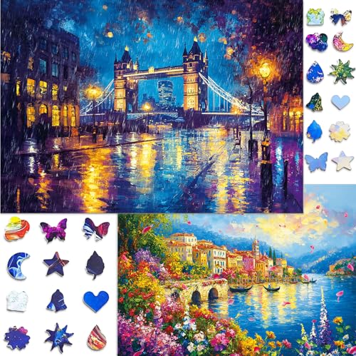 Pixlora Puzzles for Adults 1000 Pieces, 2 Pack Unique Jigsaw Puzzle for Adults, Garden Town and Darkness Theme, Idea Family Games, Challenging Puzzles for Game Night