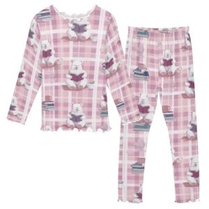 Plaaee Pajamas Bear Reading Books 2 Pieces Pjs Sleepwear Clothes Long sleeve Sets Underwear 7-8Y