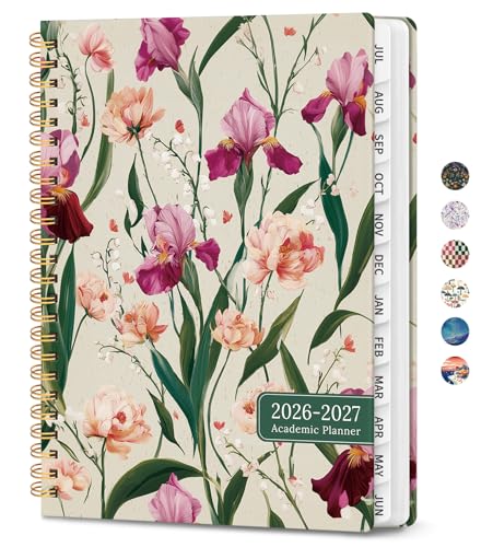 Planner 2026-2027, Academic Planner Weekly and Monthly, Jul 2026 - Jun 2027, Spiral Bound School Planning Tool with Tabs and Pocket, Perfect for Students & Teacher, 6.3" x 8.5", Iris Peony
