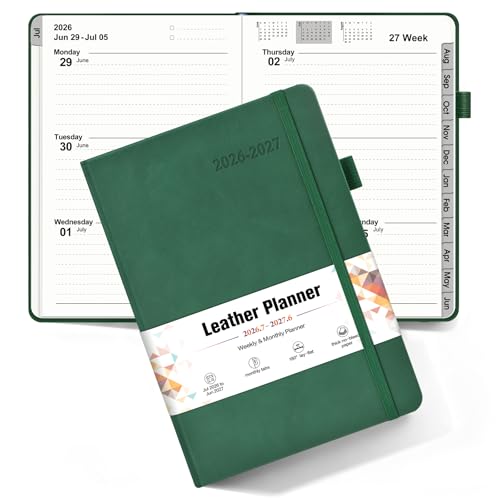 Planner 2026-2027, Academic Weekly and Monthly Calendar Planner from July 2026 - June 2027, Hardcover Leather Daily Agenda Book with Tabs, College School Organizer for Student Teacher, A5 (5.75" x 8.38"), Green