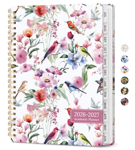 Planner 2026-2027, Academic Year Monthly and Weekly Calendar Planner, Jul 2026 - Jun 2027, Hardcover Teacher Student Planning Agenda book with Tabs, Perfect for School Office Supplies, 6.3" x 8.5" - Songbird Bloom