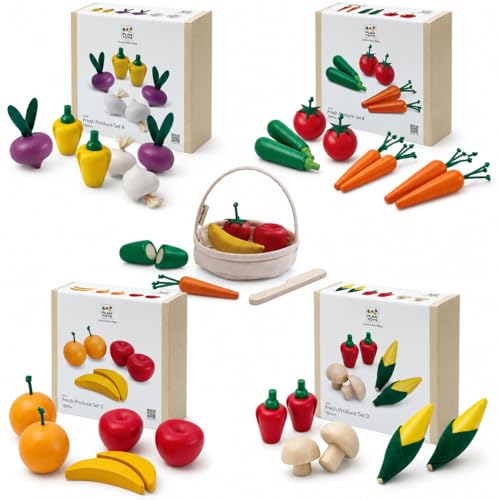 PlanToys® Wooden Fresh Produce & Farmers Market Play Food Set | Montessori Pretend Kitchen Bundle with Fruits, Vegetables, Basket & Sliceable Pieces | Eco Friendly Toy for Kids