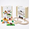 PlanToys® Wooden Rail, Road & Country Blocks Play Set | Montessori Track Building and Village Construction Bundle with Train, Road Pieces & 27 Country Blocks | Eco Friendly Toy for Kids