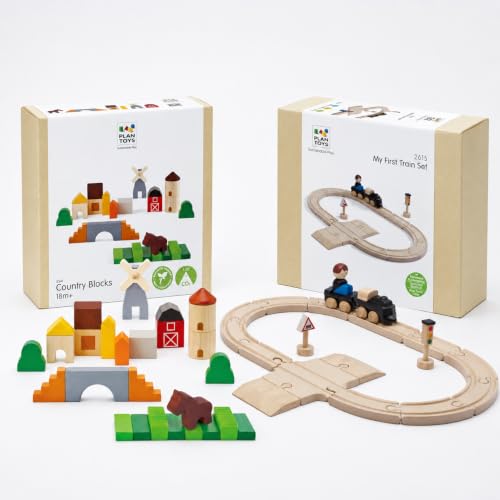 PlanToys® Wooden Rail, Road & Country Blocks Play Set | Montessori Track Building and Village Construction Bundle with Train, Road Pieces & 27 Country Blocks | Eco Friendly Toy for Kids
