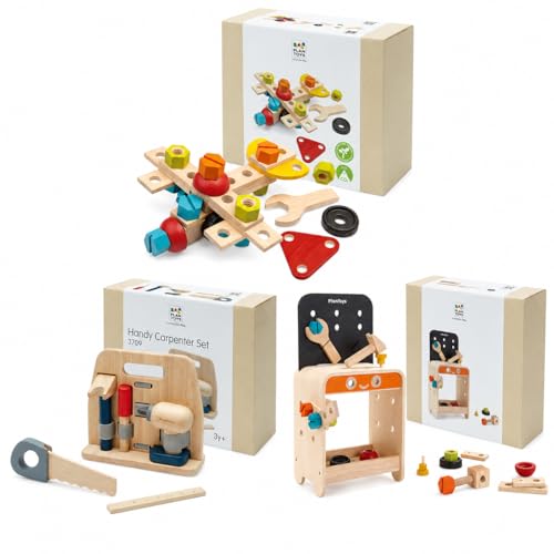 PlanToys® Wooden Tool Bench & Carpenter Play Set | Montessori Pretend Construction Bundle with Workbench, Tools, Screws, Bolts & Building Pieces | Eco Friendly STEM Toy for Kids