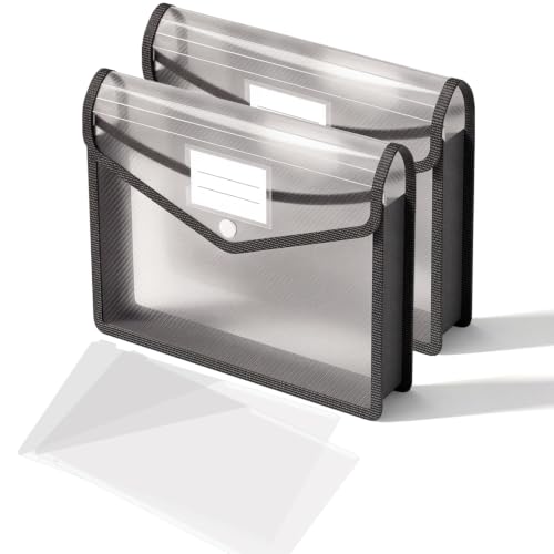 Plastic Expanding File Folders, Transparent Envelopes with Snap Closure, Large Capacity Document Organizer with Dividers and Tabs, Waterproof for Office, School, Home, Letter/A4 Size Black 2 Pack