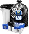 PLASTIC PRINCE 55 Gallon Trash Bags Made in USA Heavy Duty Black Contractor Garbage Bags 38 x 58 1.5 Mil Leak Resistant Liners for 44-55 Gallon Trash Cans Pack of 100