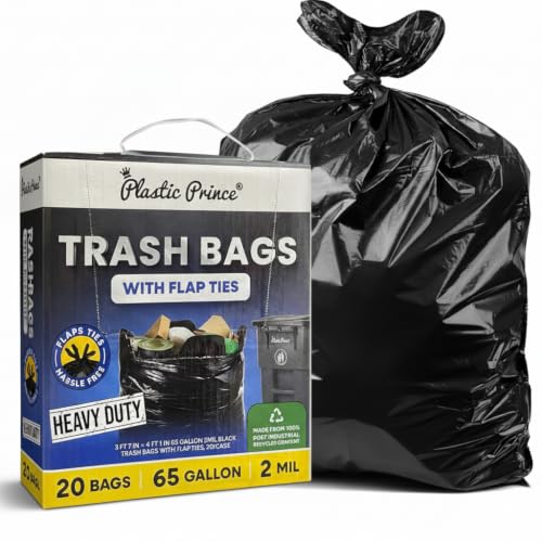 Plastic Prince 65 Gallon Trash Bags Heavy Duty 2 Mil MADE IN USA Extra Large Outdoor Garbage Bags with Flap Ties Tear-Resistant Commercial Can Liners for Lawn Leaf & Contractor Use 20 Pack